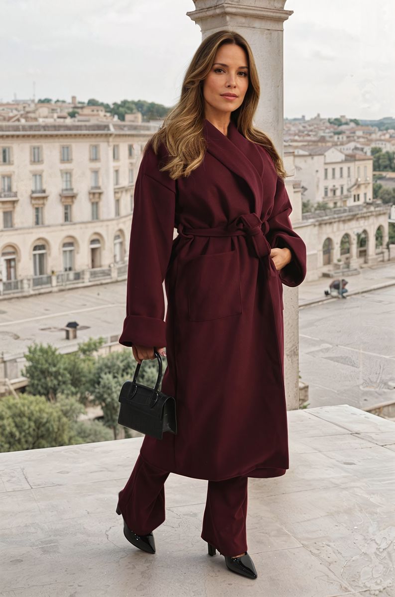 "Waist Belt Longline Coat Jacket with Pocket in beige, featuring a sleek design and flattering waist belt."