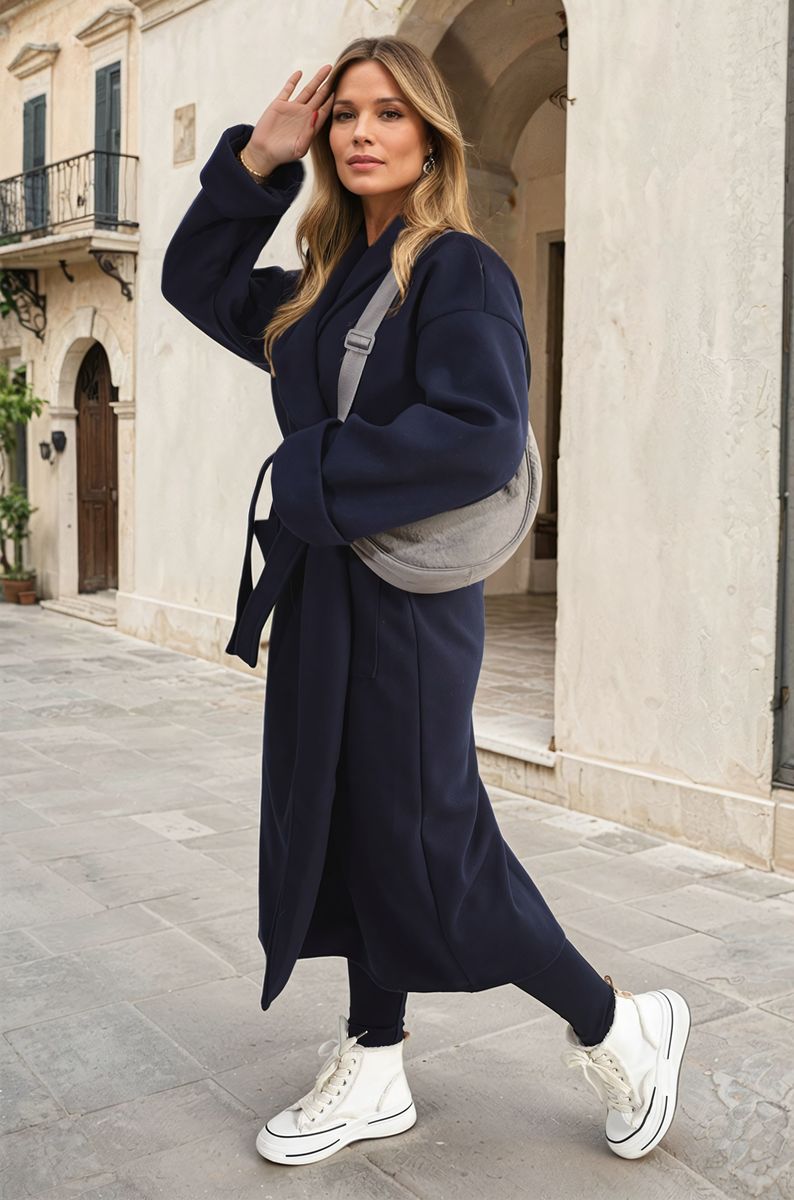"Waist Belt Longline Coat Jacket with Pocket in beige, featuring a sleek design and flattering waist belt."