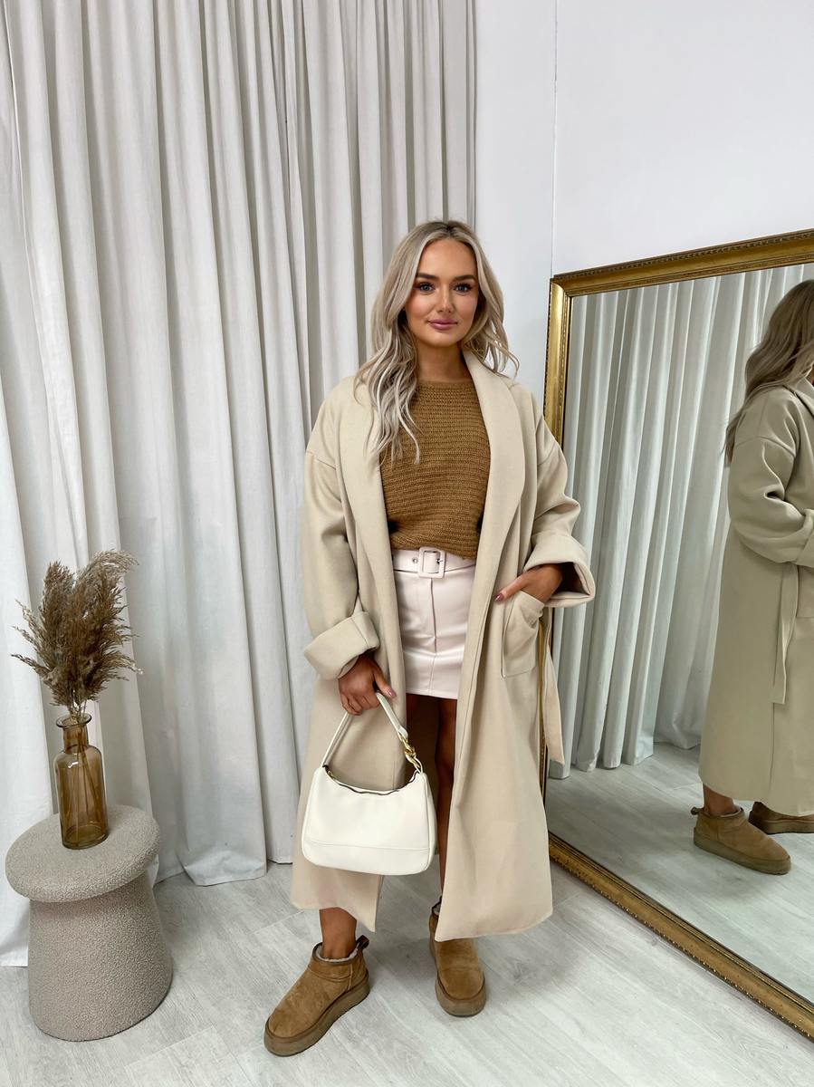 "Waist Belt Longline Coat Jacket with Pocket in beige, featuring a sleek design and flattering waist belt."