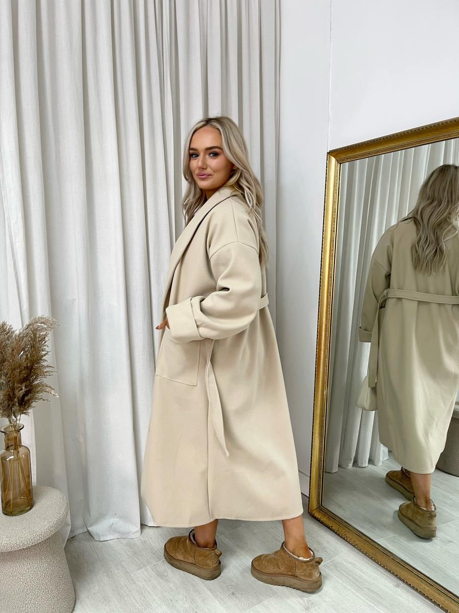 "Waist Belt Longline Coat Jacket with Pocket in beige, featuring a sleek design and flattering waist belt."