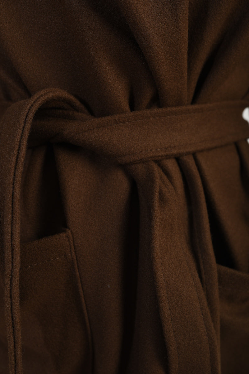 "Waist Belt Longline Coat Jacket with Pocket in beige, featuring a sleek design and flattering waist belt."