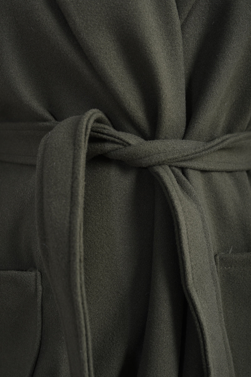 "Waist Belt Longline Coat Jacket with Pocket in beige, featuring a sleek design and flattering waist belt."