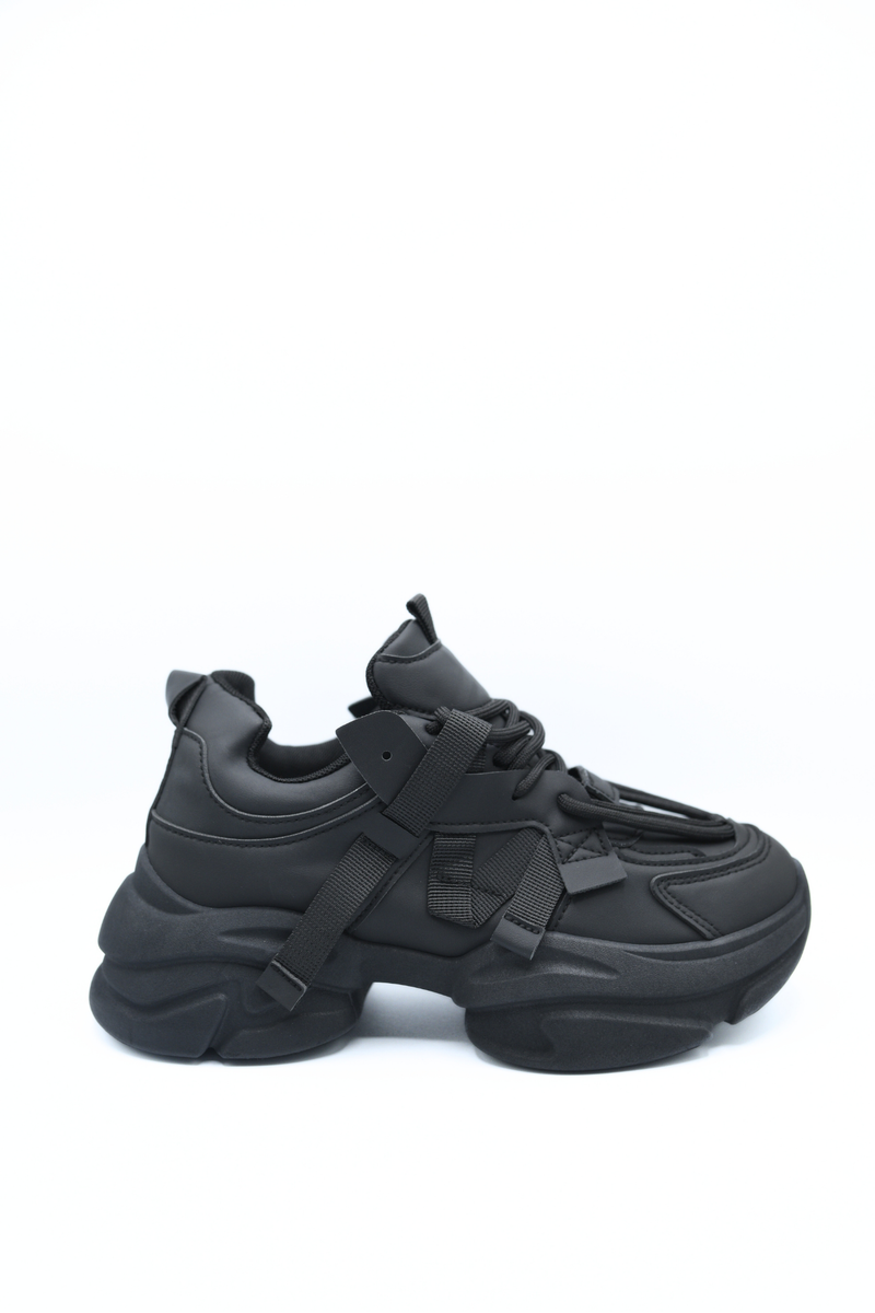 Black platform lace-up chunky trainers with stacked sole and layered strap details