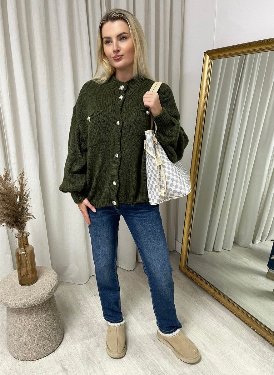 "Oversized green button-down chunky knitted top with a relaxed fit, crafted from premium knit fabric for a cozy and stylish look."