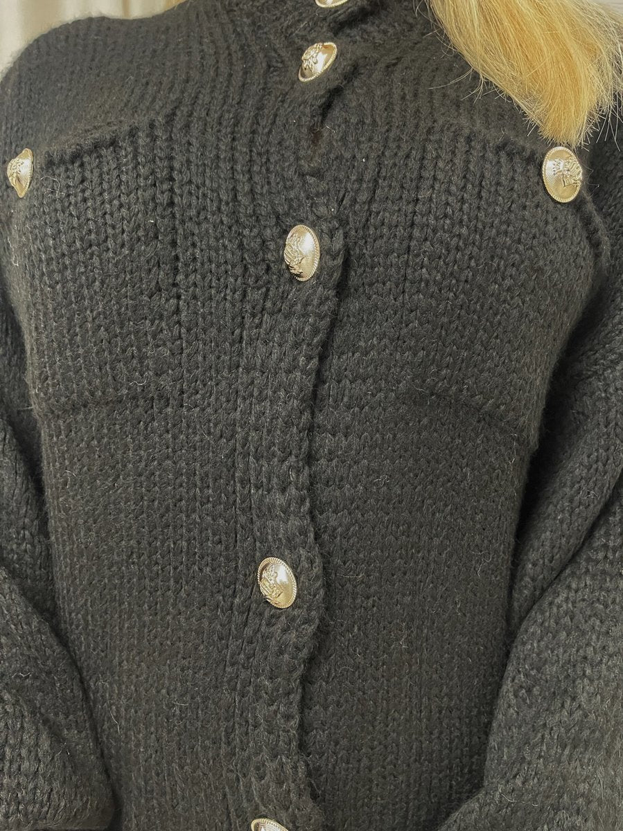 "Oversized black button-down chunky knitted top with a relaxed fit, crafted from premium knit fabric for a cozy and stylish look."