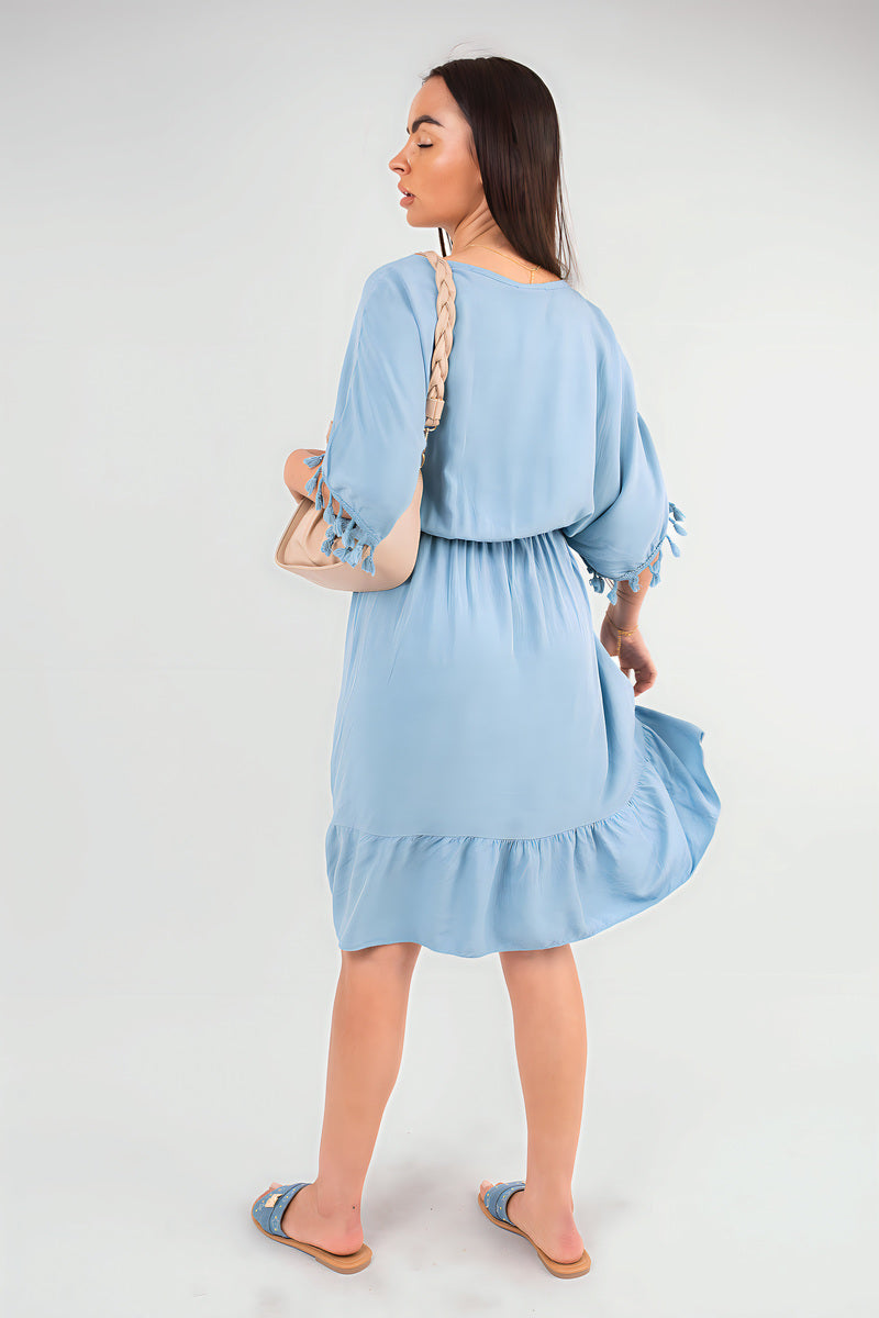 V-Neck Short Sleeve Midi Dress with Tassel Detail