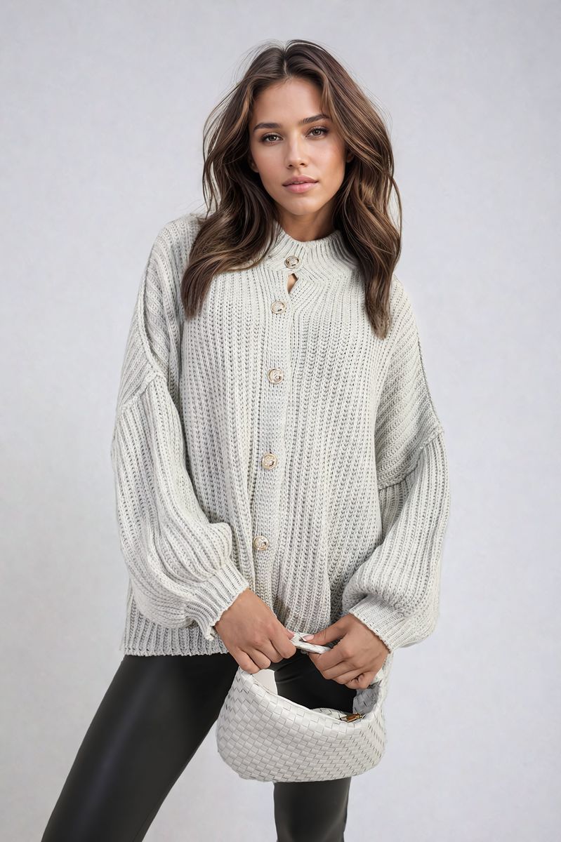 "Oversized grey chunky knitted top with a relaxed fit, crafted from premium knit fabric for a cozy and stylish look."