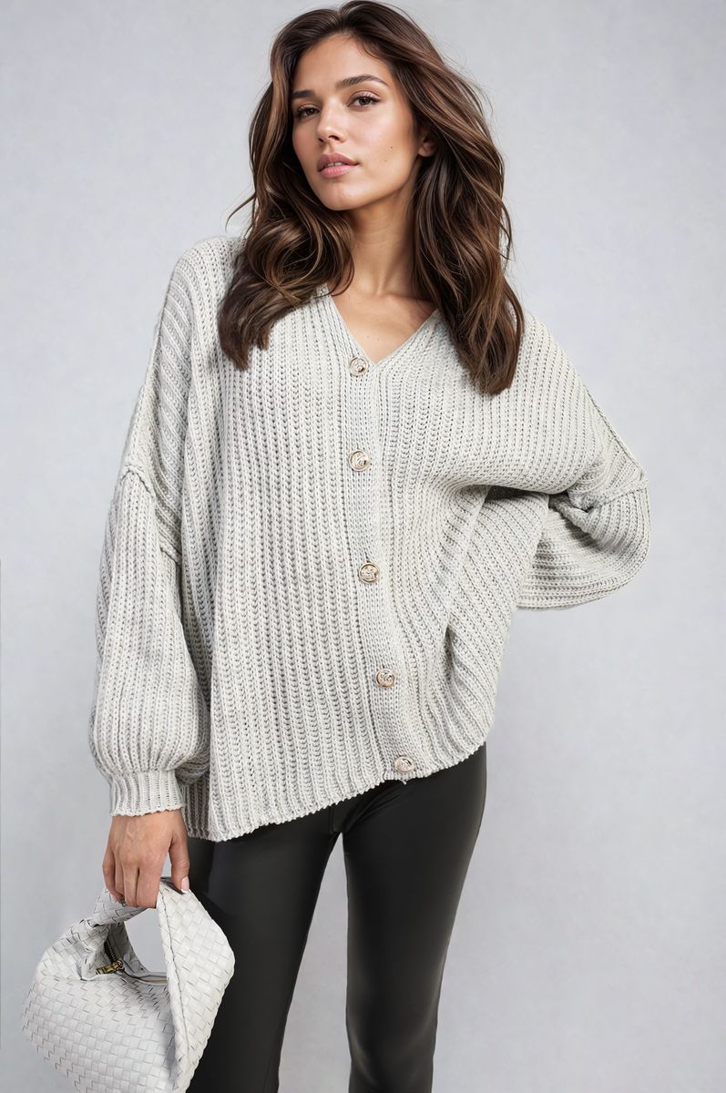 "Oversized grey chunky knitted top with a relaxed fit, crafted from premium knit fabric for a cozy and stylish look."