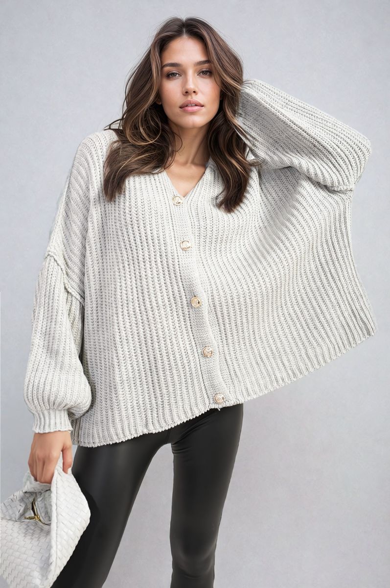 "Oversized grey chunky knitted top with a relaxed fit, crafted from premium knit fabric for a cozy and stylish look."