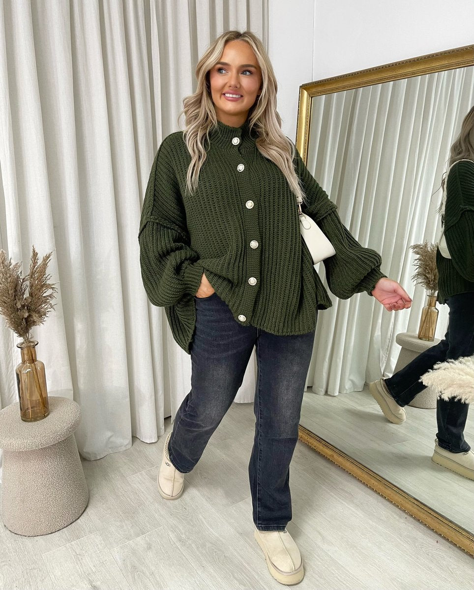 "Oversized green chunky knitted top with a relaxed fit, crafted from premium knit fabric for a cozy and stylish look."