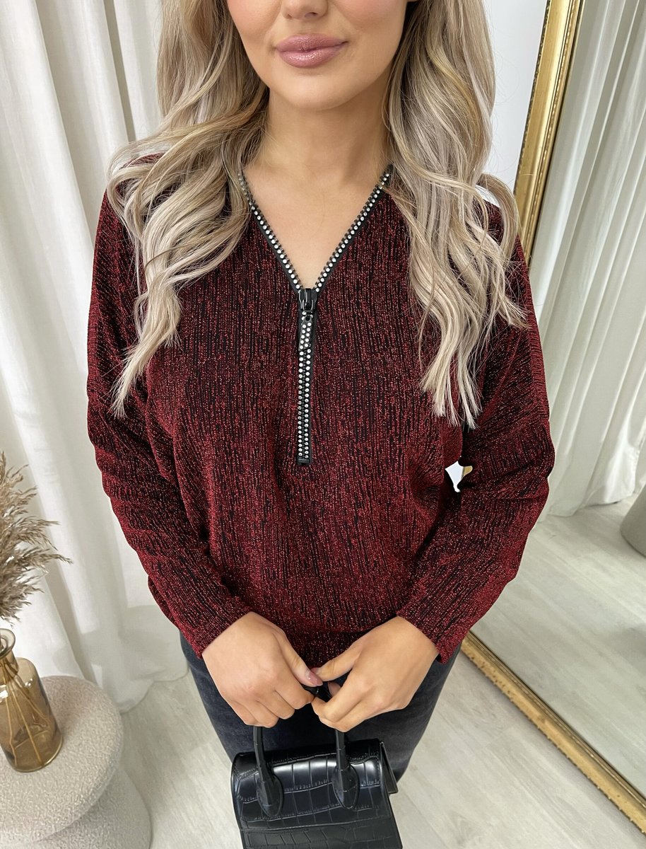 "Front Zip Detail Glitz Top with a shimmering finish, featuring a sleek zip design for a stylish and versatile look."