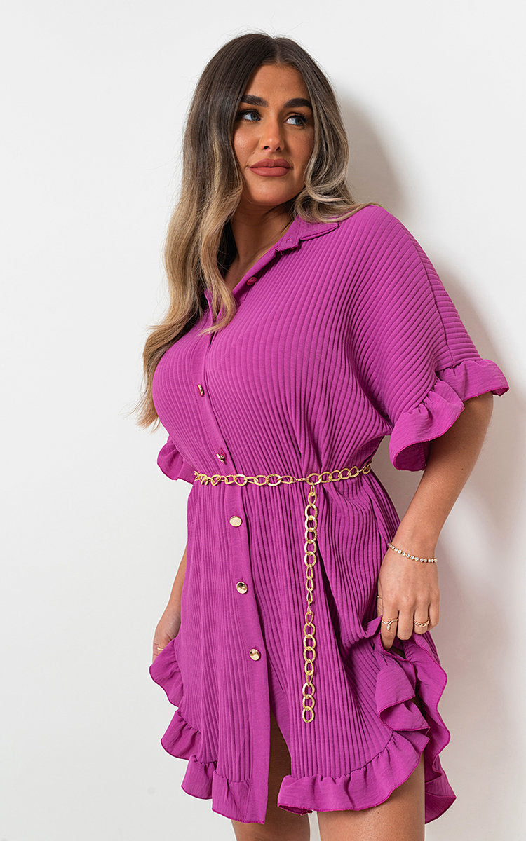 Lieldesigns Button Down Oversized Ruffle Short Sleeve Mini Dress