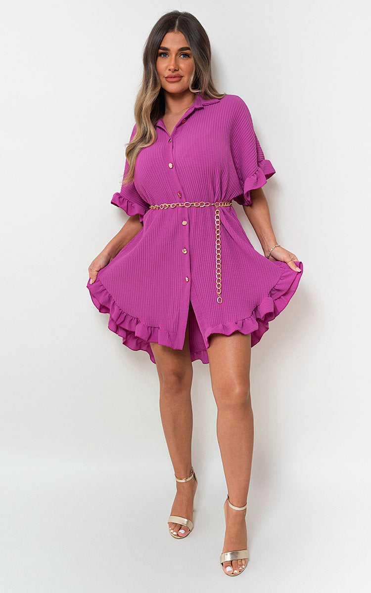 Lieldesigns Button Down Oversized Ruffle Short Sleeve Mini Dress