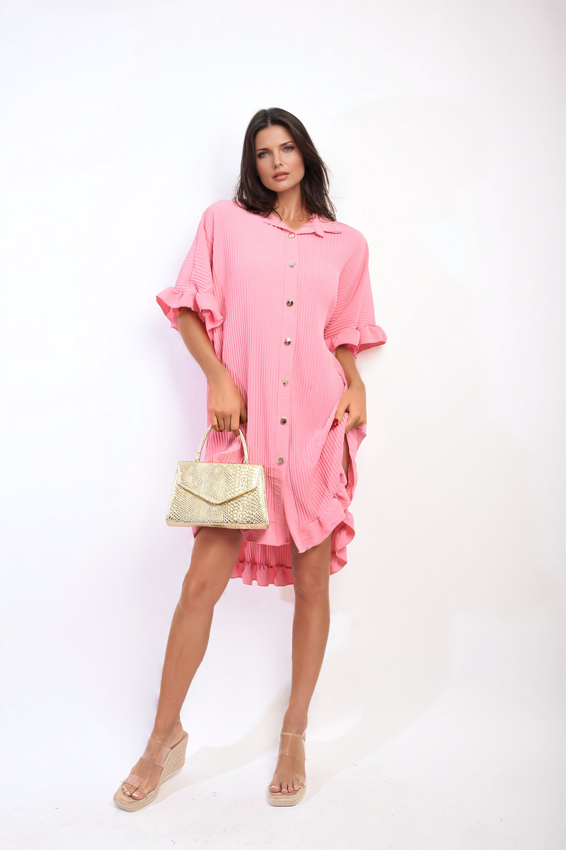 Lieldesigns Button Down Oversized Ruffle Short Sleeve Mini Dress