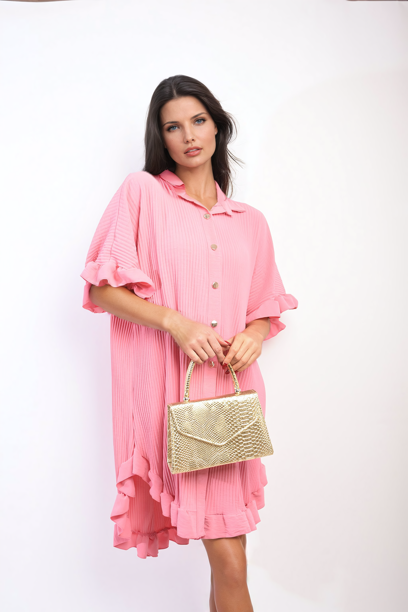 Lieldesigns Button Down Oversized Ruffle Short Sleeve Mini Dress