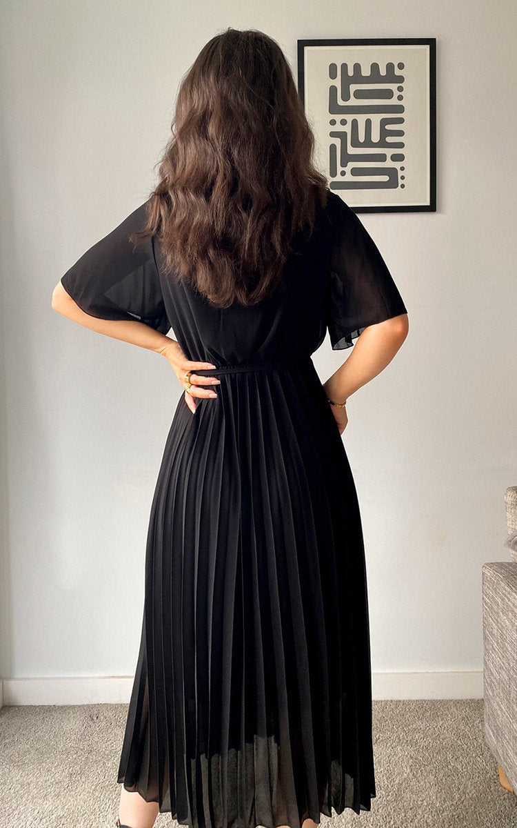 Pleated Wrap Front Midi Dress