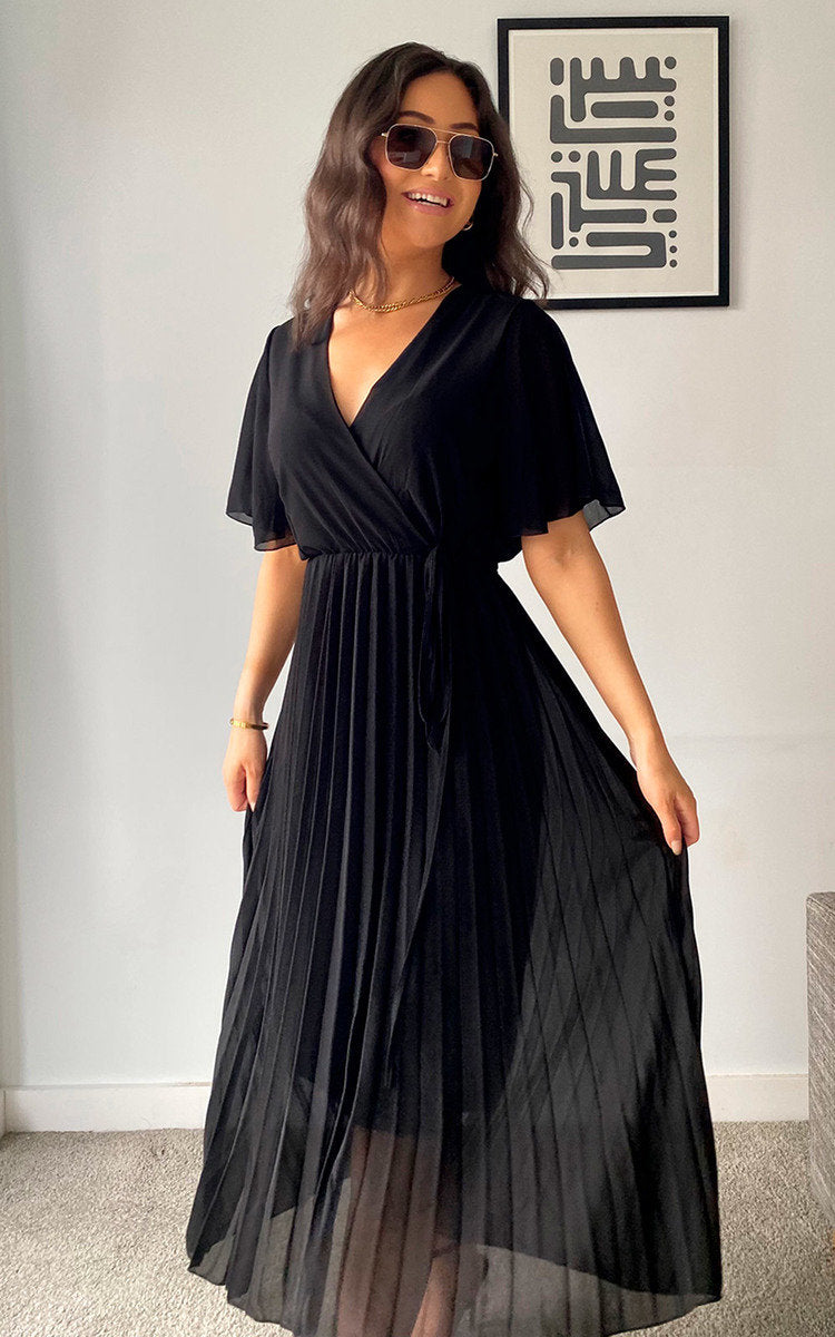 Pleated Wrap Front Midi Dress