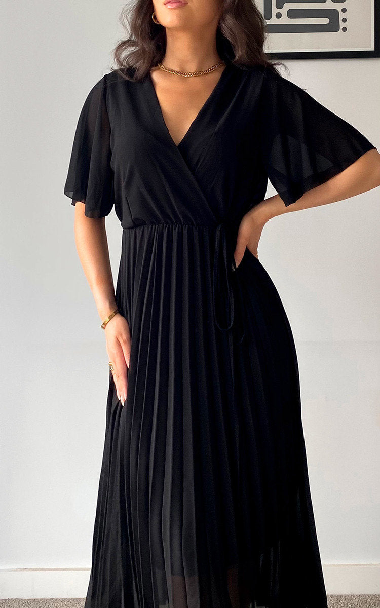 Pleated Wrap Front Midi Dress