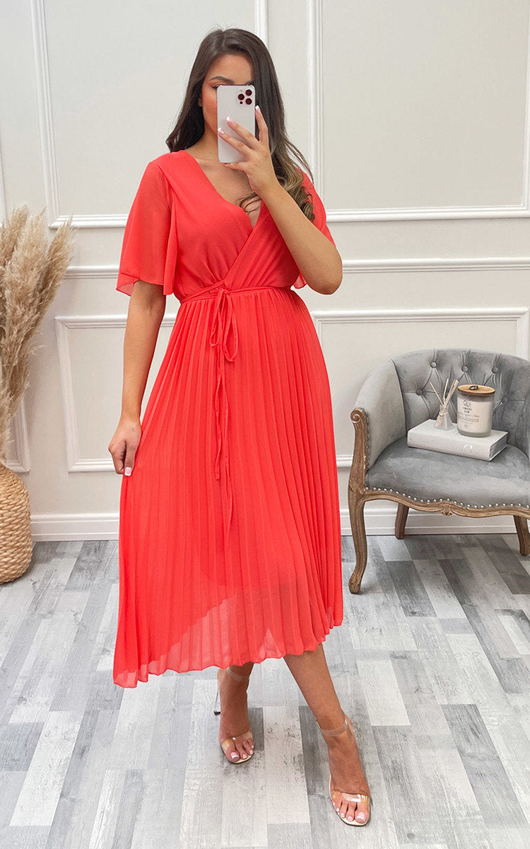 Pleated Wrap Front Midi Dress