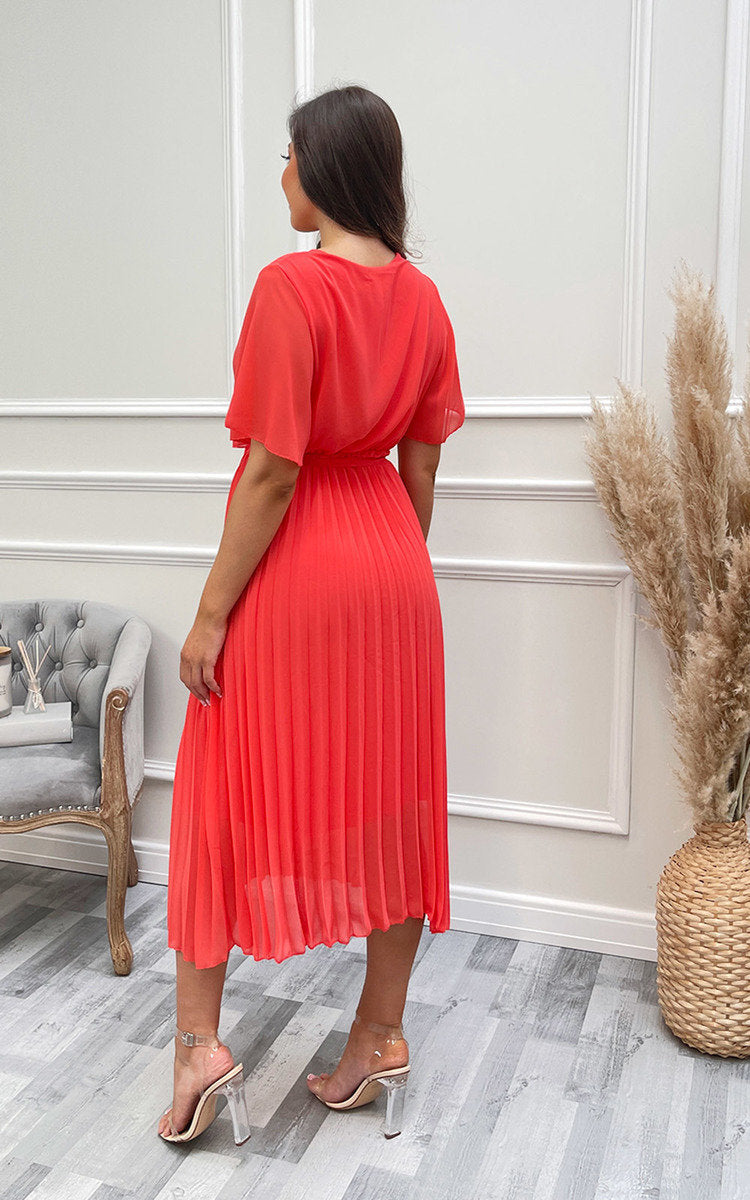 Pleated Wrap Front Midi Dress