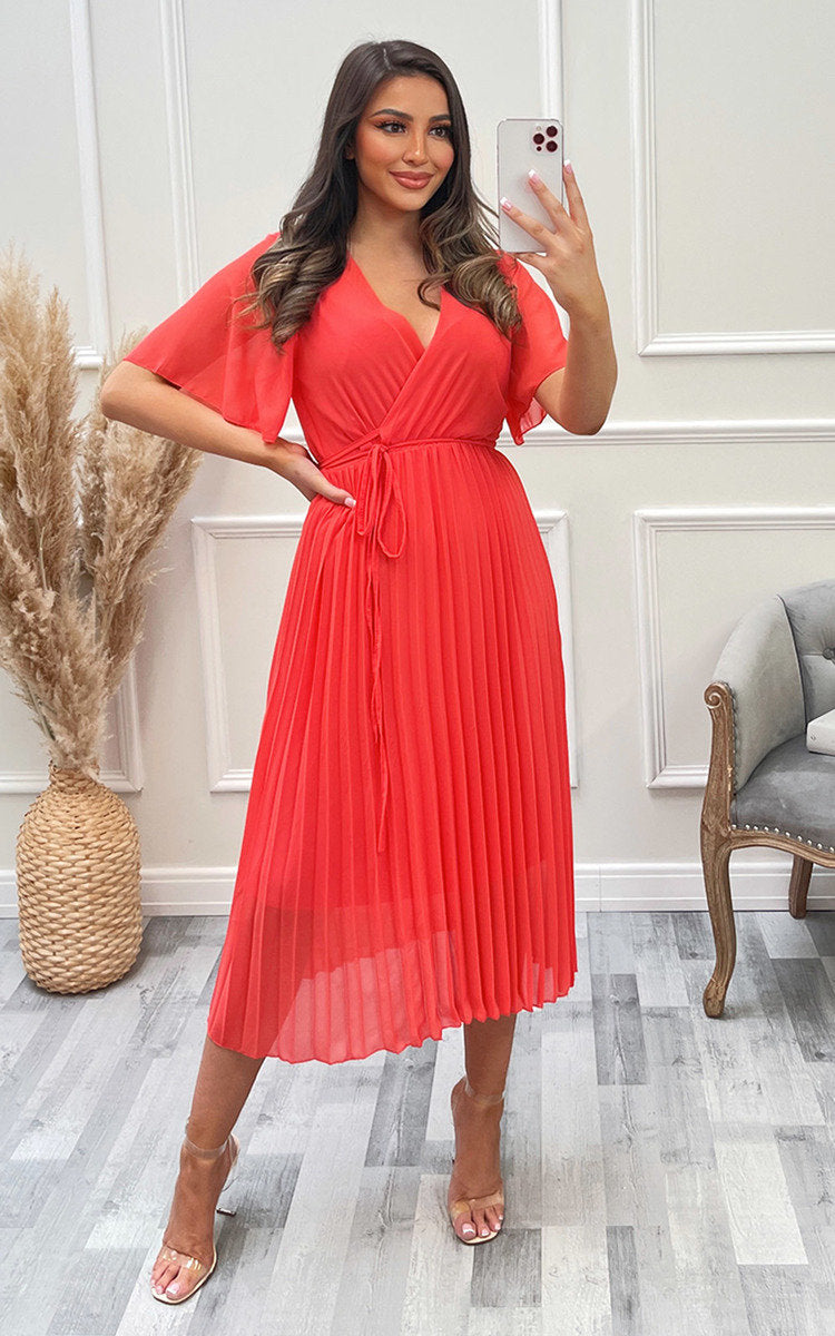 Pleated Wrap Front Midi Dress
