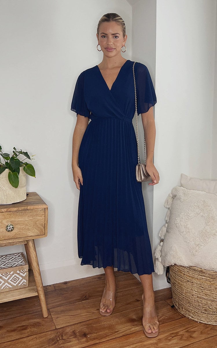 Pleated Wrap Front Midi Dress