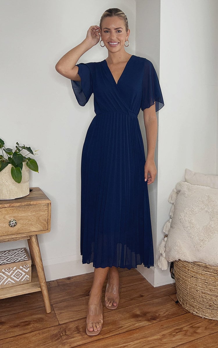 Pleated Wrap Front Midi Dress