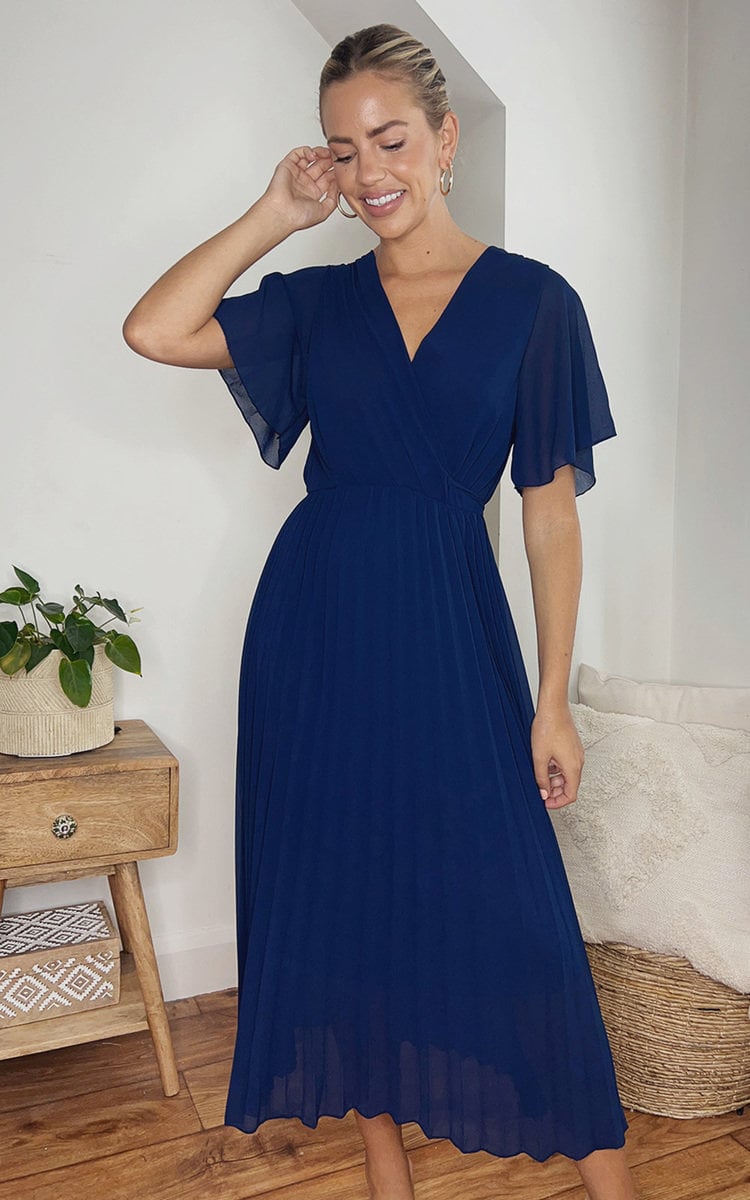 Pleated Wrap Front Midi Dress