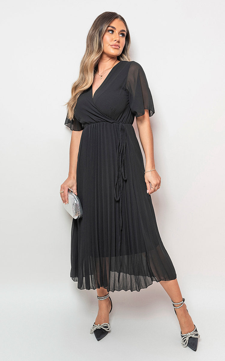 Pleated Wrap Front Midi Dress