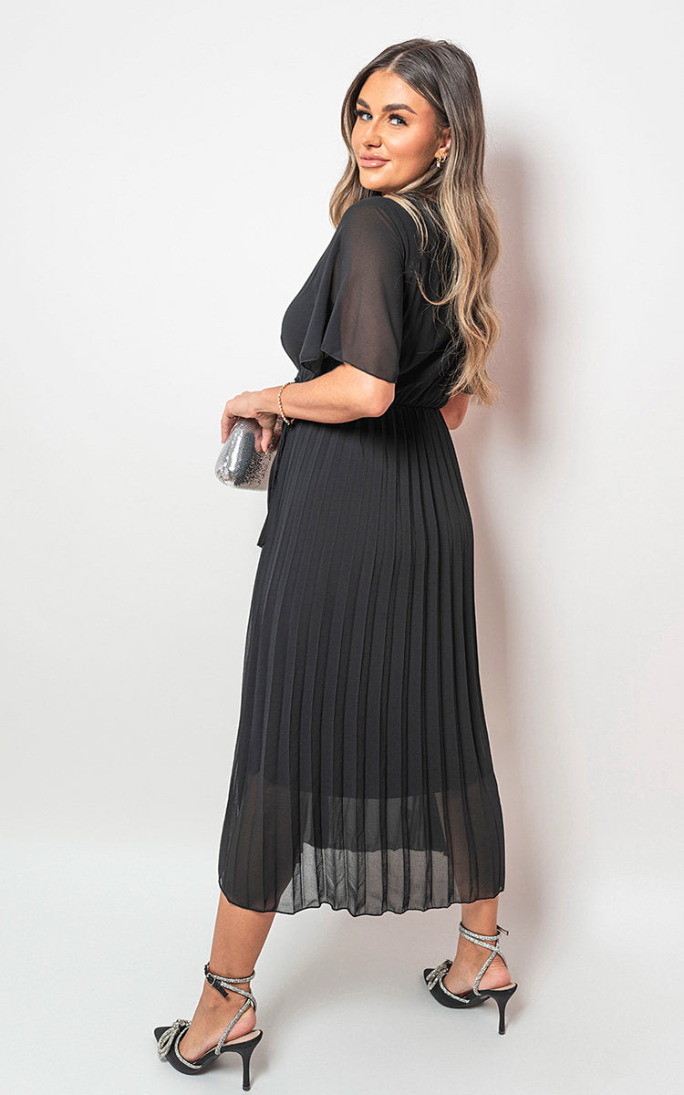 Pleated Wrap Front Midi Dress