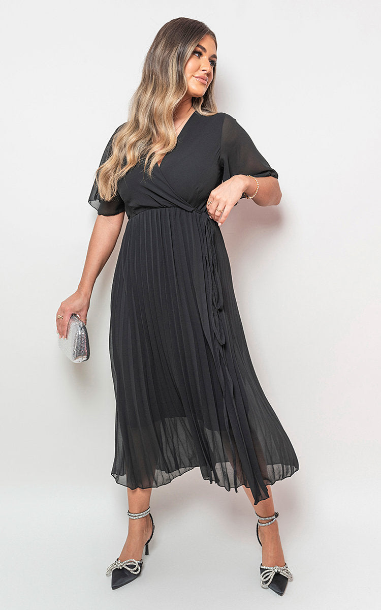 Pleated Wrap Front Midi Dress