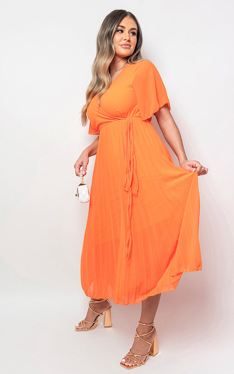 Pleated Wrap Front Midi Dress