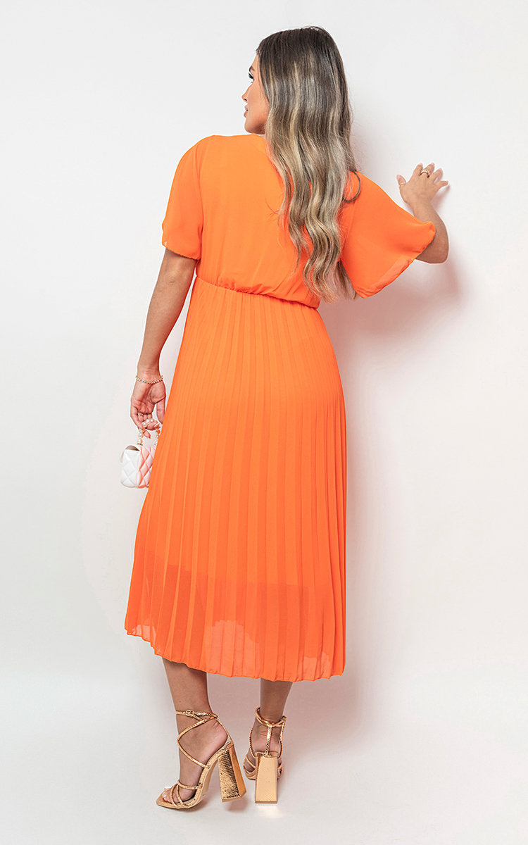 Pleated Wrap Front Midi Dress