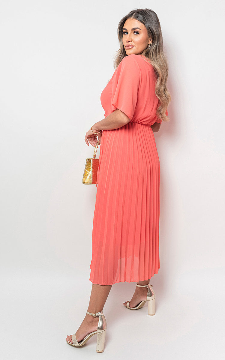 Pleated Wrap Front Midi Dress