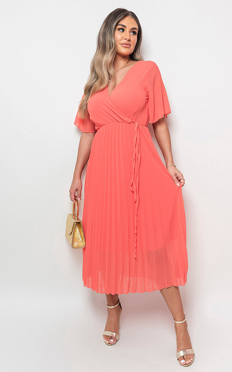 Pleated Wrap Front Midi Dress