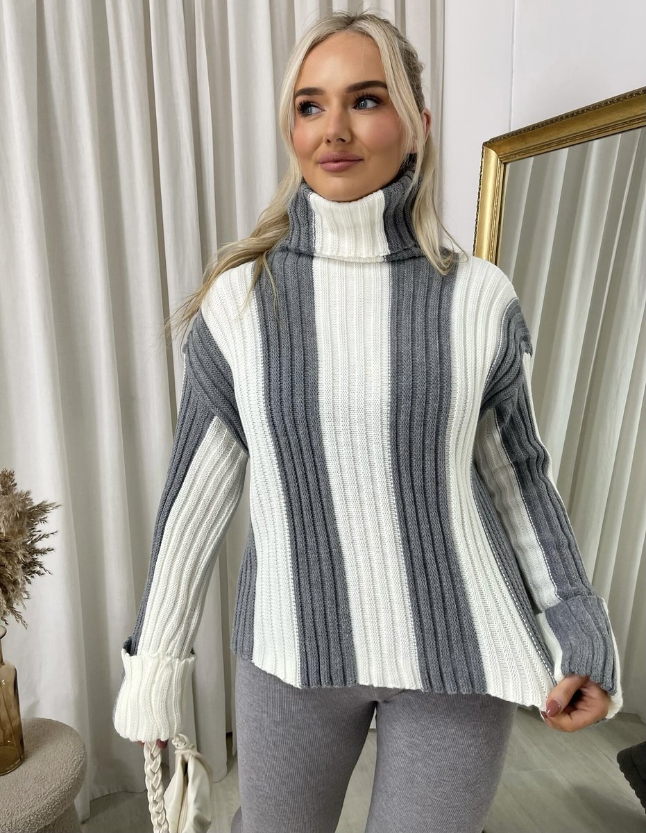 "A stylish roll neck stripe knitted jumper in soft, warm fabric, ideal for layering during chilly days."