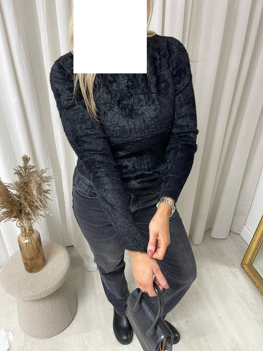 "Fitted long sleeve fluffy knitted top perfect for winter layering and cozy wear."