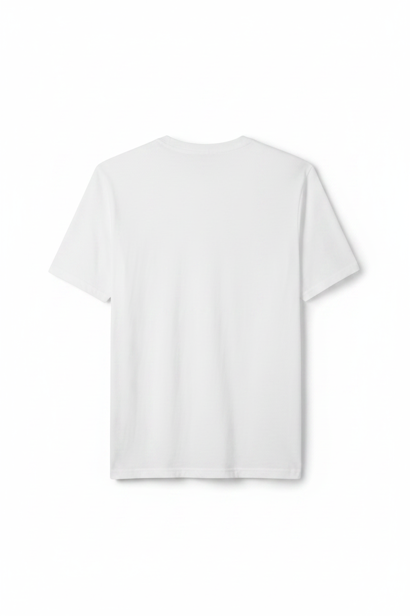 I've Survived Too Many Storms T-Shirt back view — plain white cotton back, flat lay product photography