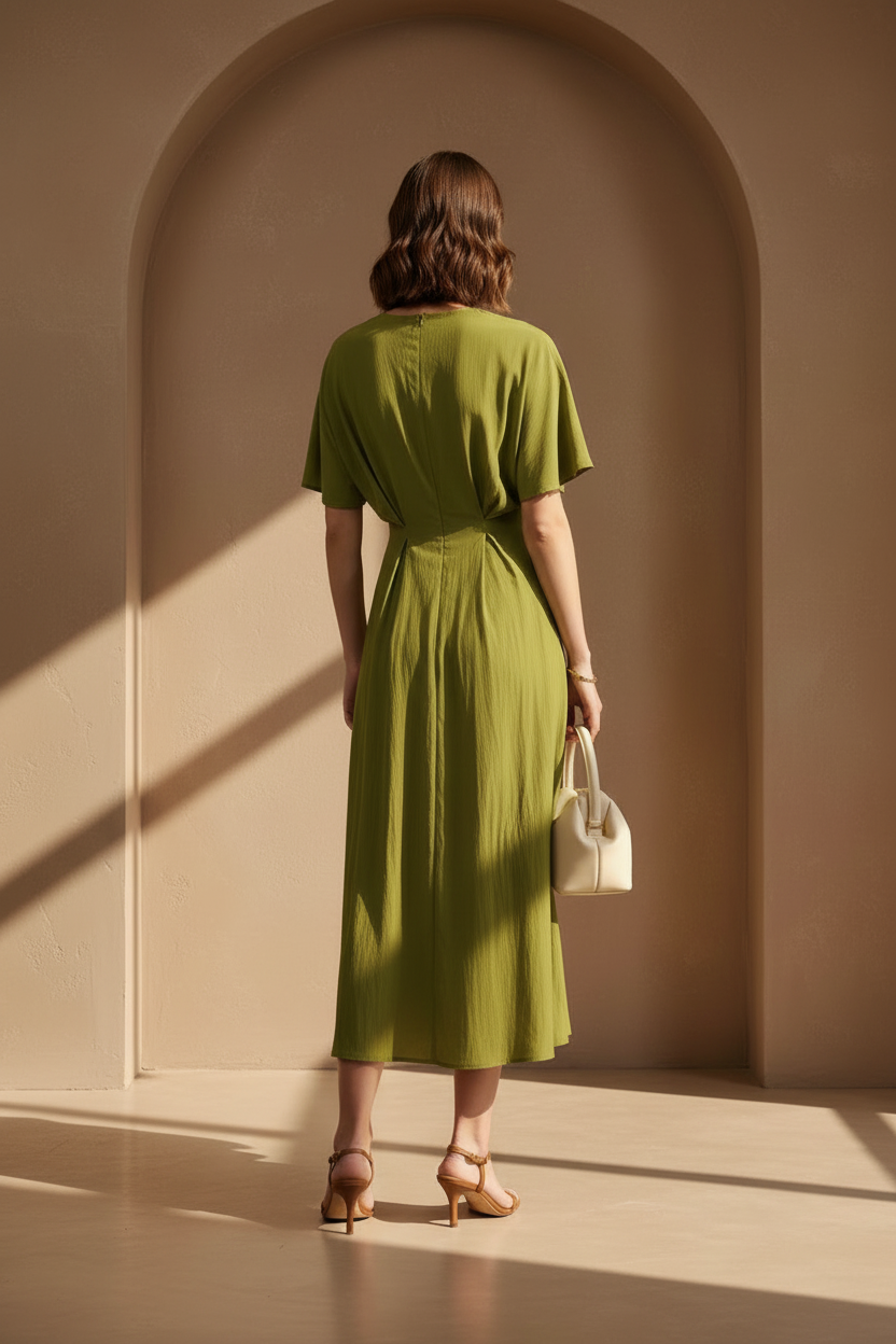 Back view of a white model wearing an olive green twist-front midi dress with tan ankle-strap heels and a cream handbag