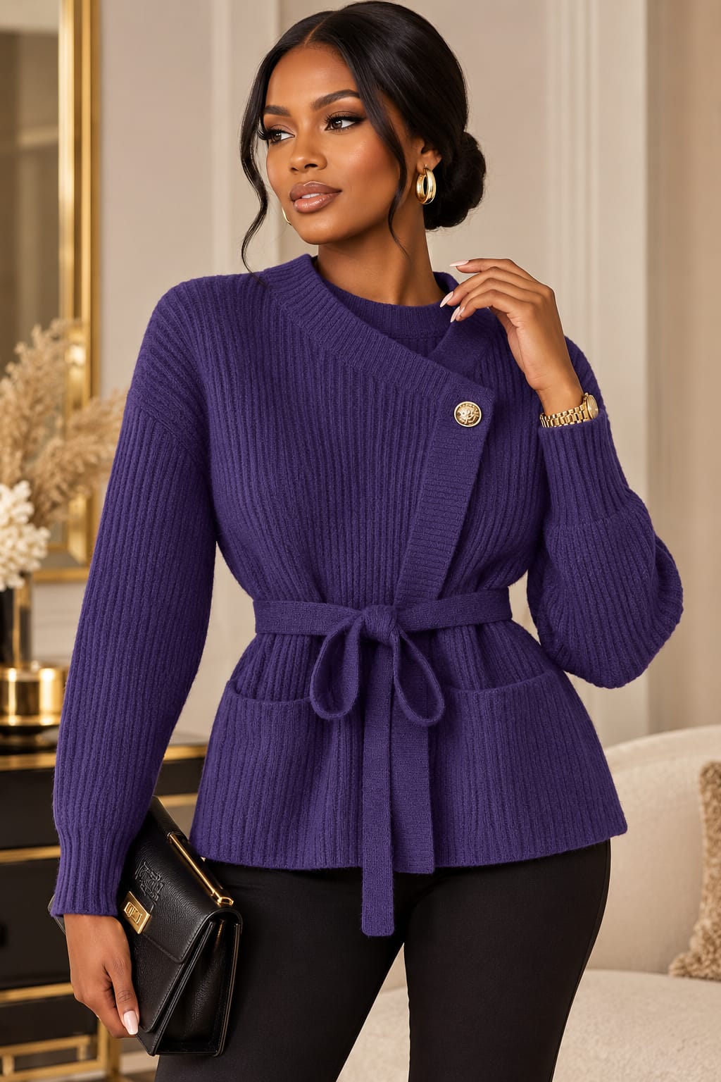Purple ribbed wrap knit sweater styled on a model