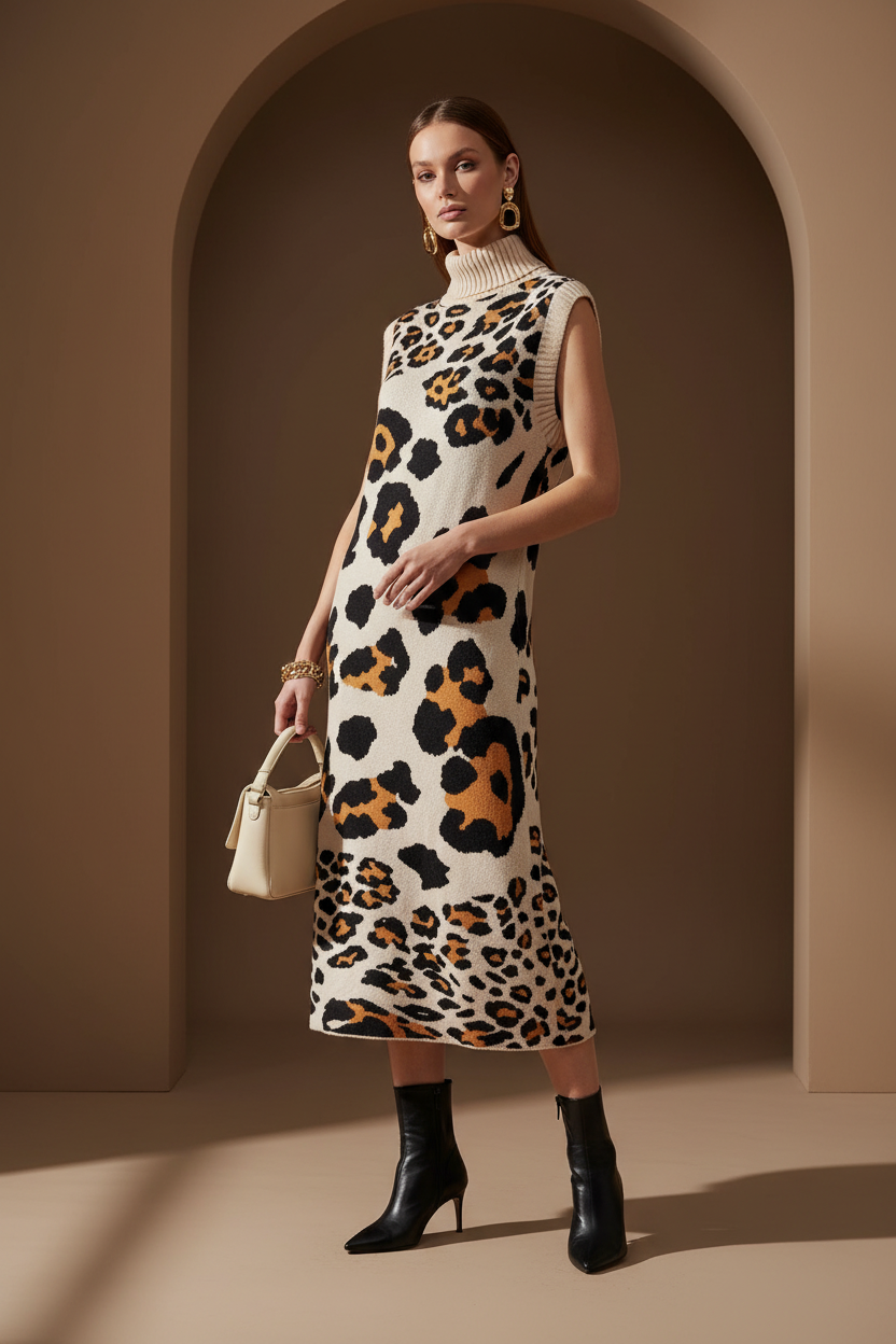 Cream leopard print roll-neck knit dress styled on a model
