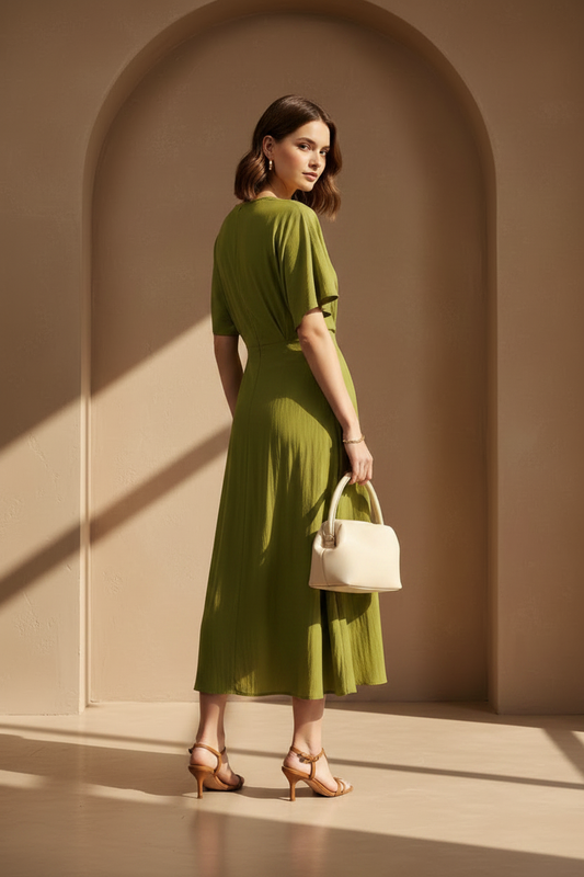 Olive green twist-front midi dress styled on a model