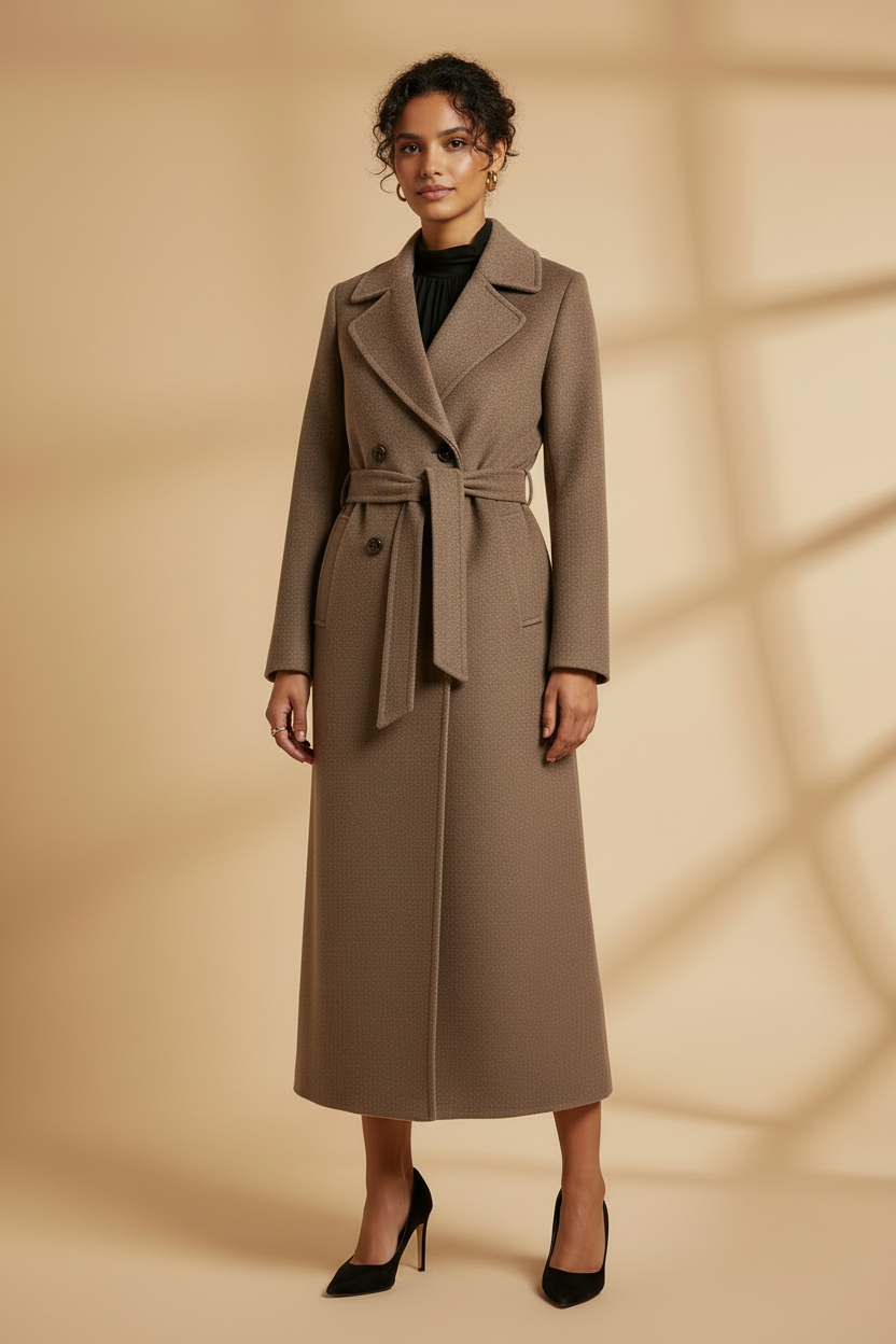 Taupe brown belted longline coat styled on a model