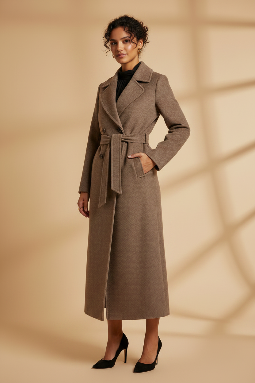 Taupe brown belted longline coat worn open over a blouse