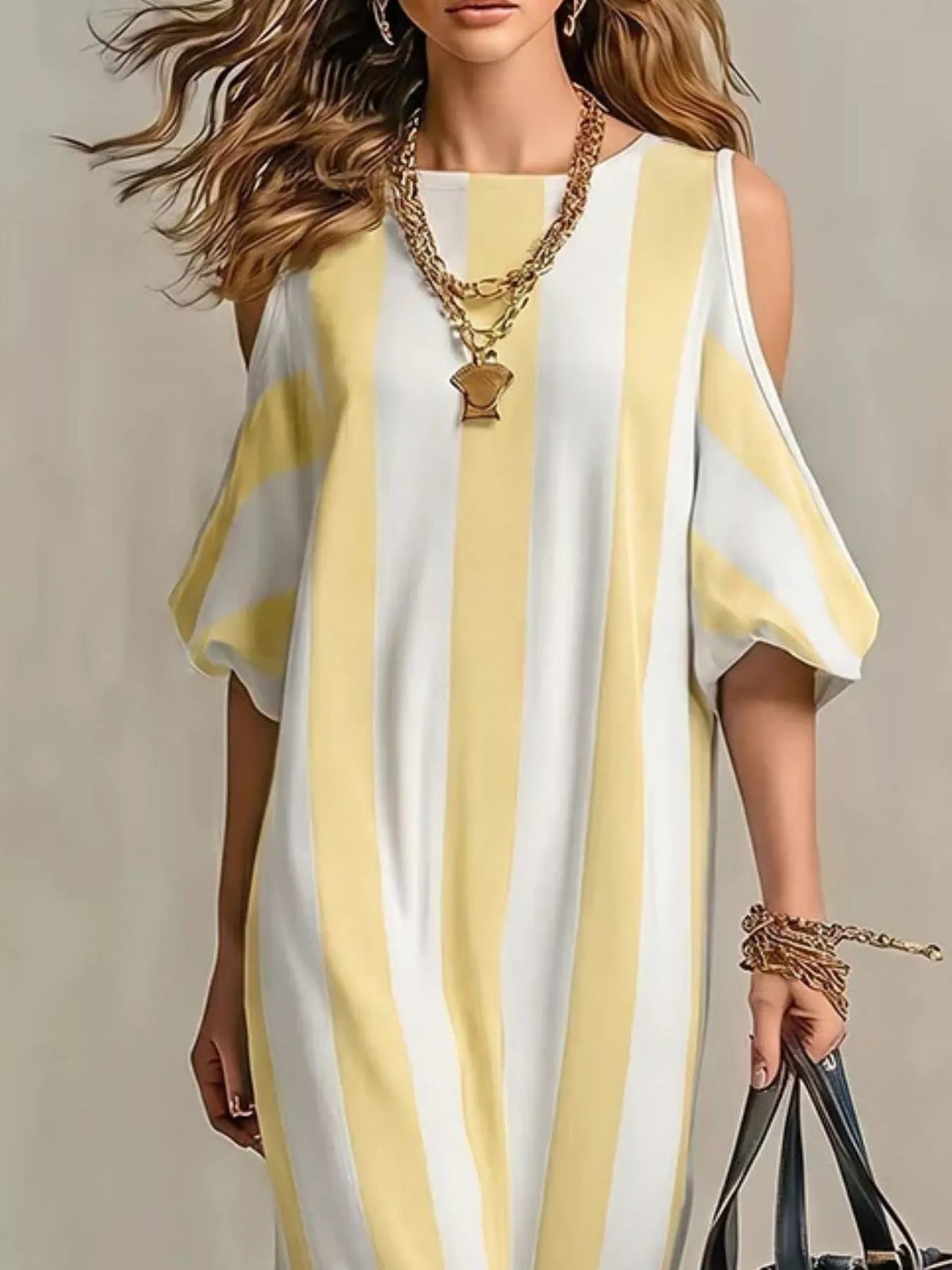 Striped cold-shoulder maxi dress in pale yellow and cream with draped shoulder sleeves