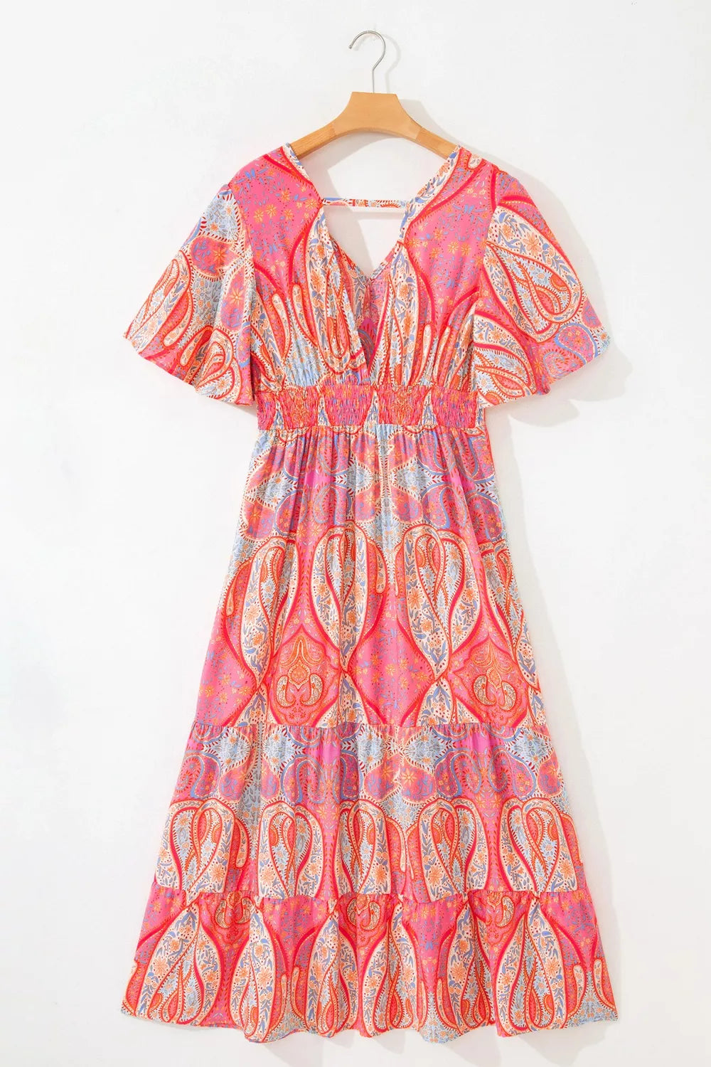 Burnt coral paisley print boho dress with V-neck and short ruffle sleeves, tiered hem
