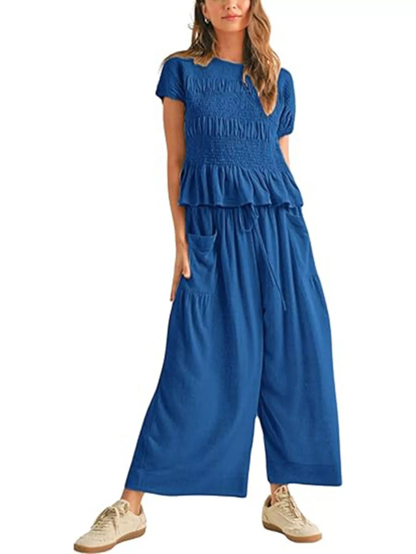 Blue smocked peplum top and wide-leg pants set, short sleeves, tiered peplum.