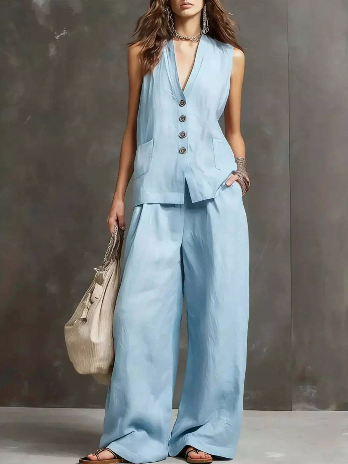 Light blue sleeveless vest and wide-leg pants set with button-front design