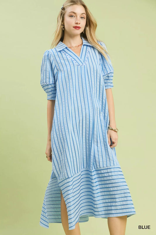 Blue striped midi dress with puff sleeves and V-neck front