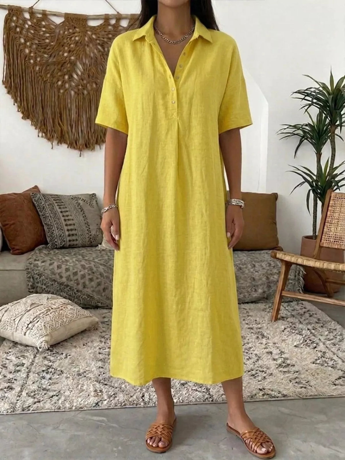 Plus-size yellow button-front half-sleeve midi dress with collar